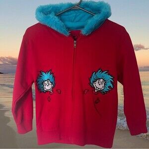 Universal studios thing 2 sweater hoodie zip up fur doctor Seuss cat in the hat